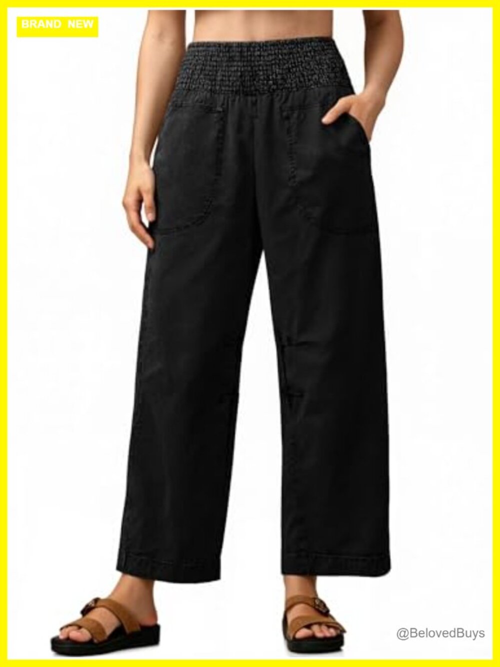 Smocked High Waisted Barrel Jeans Pull On Wide Leg Denim Pants